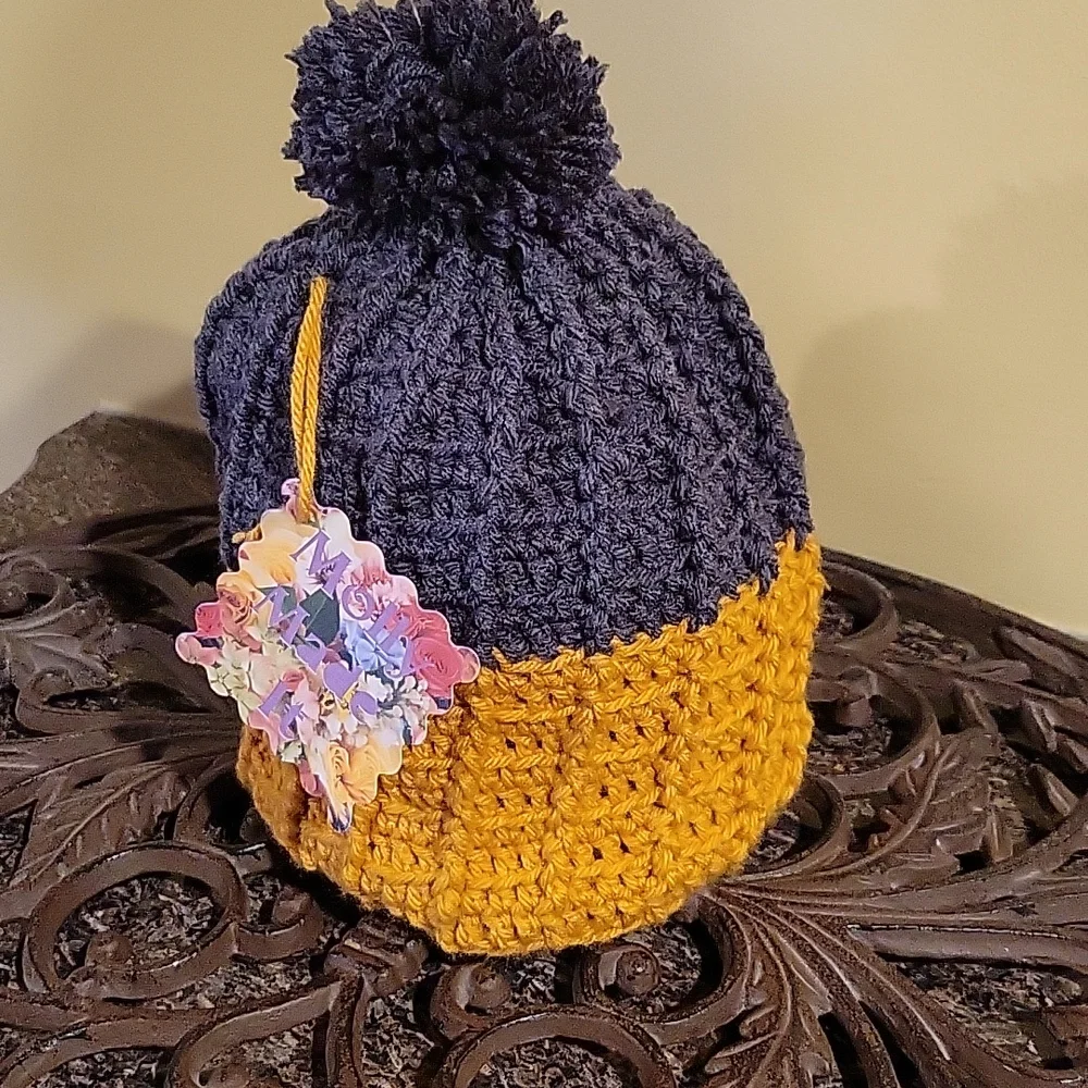 Handmade pom-pom hat beanie with fleece lining at ears crochet